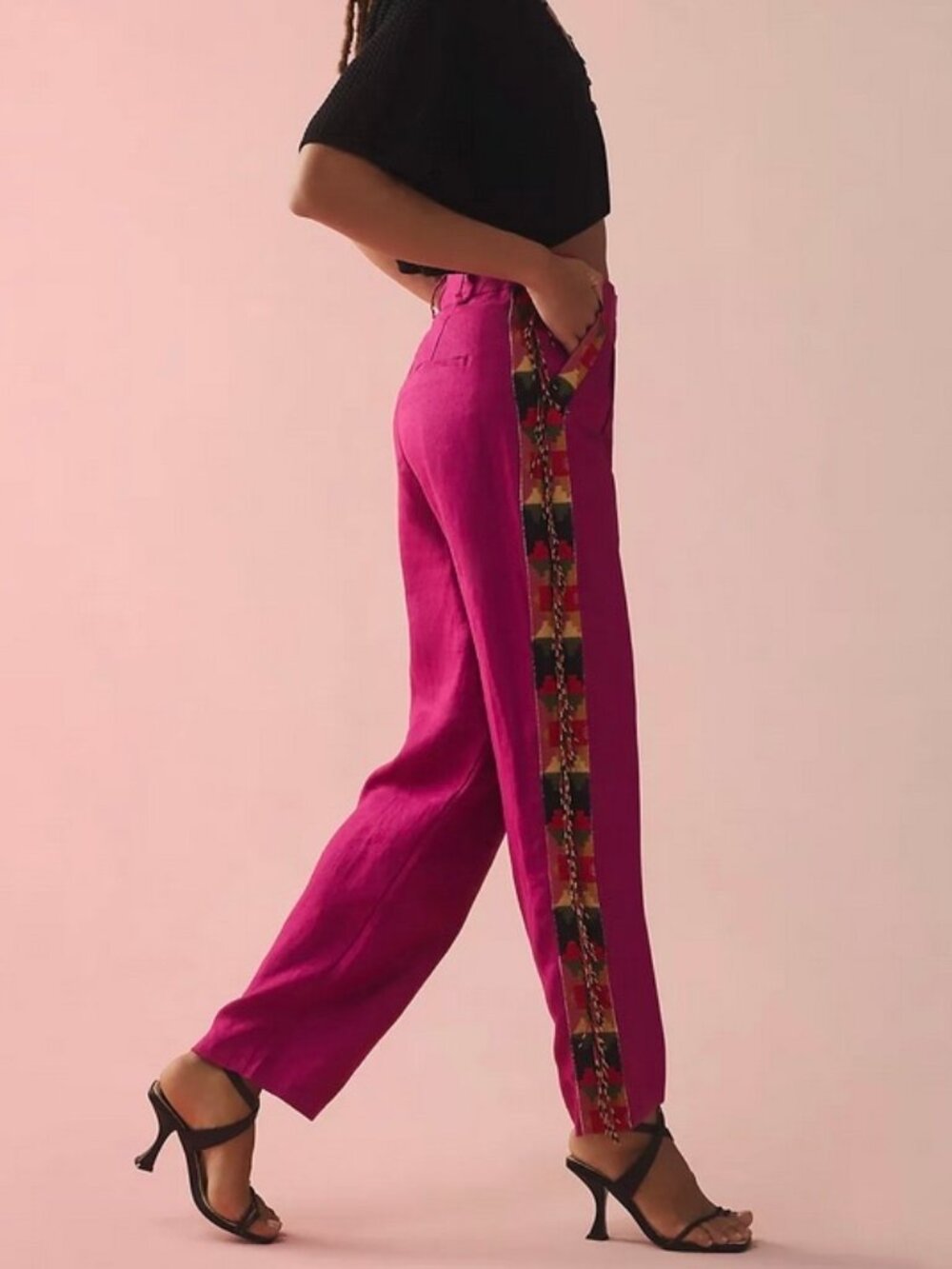 Farm Rio Anthropologie NWT Pink Carrot High Rise Beaded Fringe Side Pants Size L